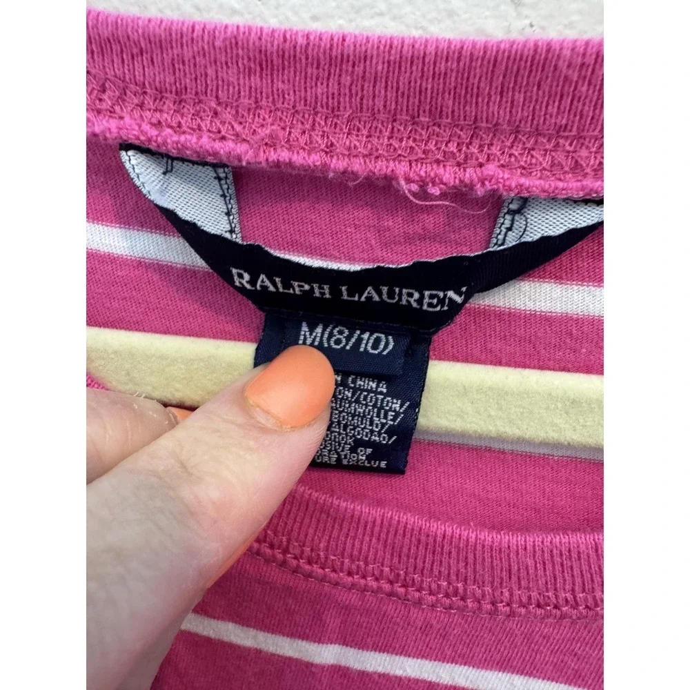 Ralph Lauren Dress Girls 8-10 Pink Stripe Half Sleeve Ruffle Hem T-Shirt‎ Jersey